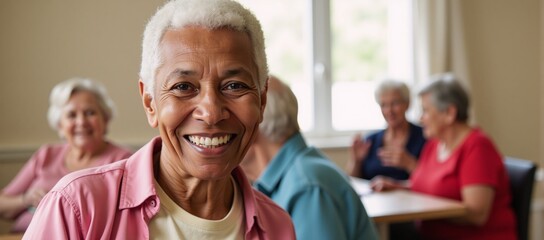 Smiling African American senior living happily within a nursing home