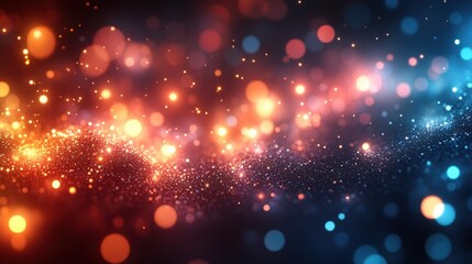 Obraz premium Abstract background with vibrant red, orange, and blue bokeh lights and glittering particles.