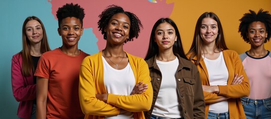 A determined group of young African-American teens pose against a bold graphic backdrop