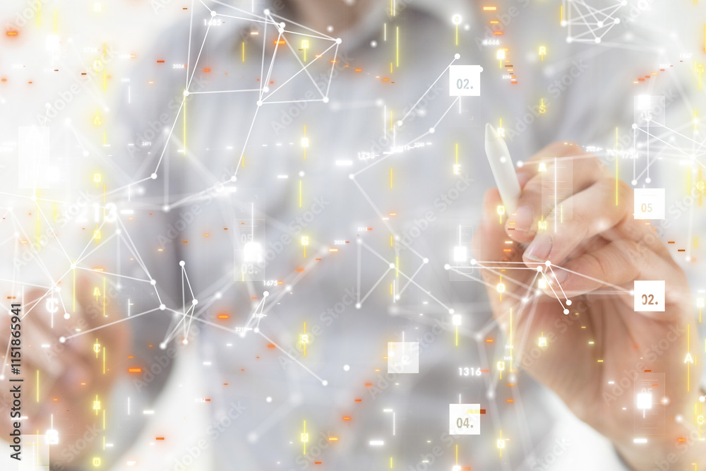 Poster Neural network 3D illustration. Big data and cybersecurity