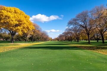 Fototapeta premium A lush golf course bordered by vibrant autumn trees, with fallen leaves scattered across the green