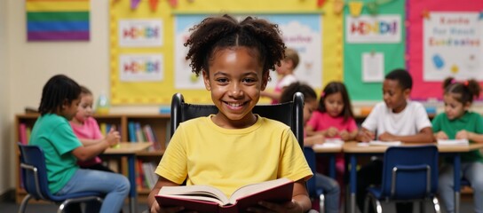 An inclusive classroom setting shows an African American child in a wheelchair proudly reading a library book as part of diverse and rainbow-themed learning environment promoting education for all
