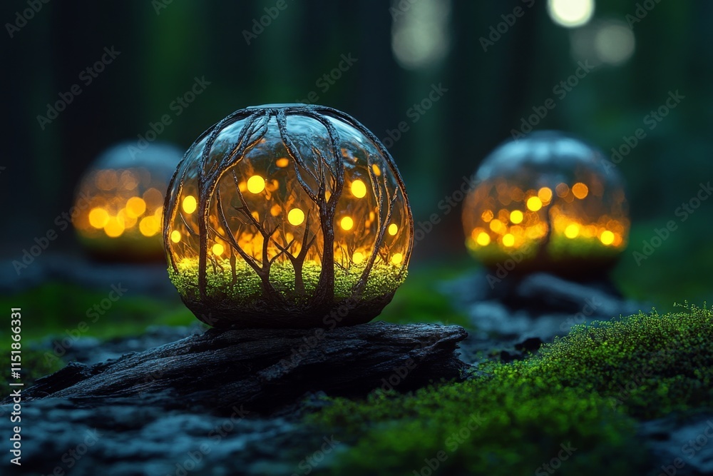 Poster a magical forest filled with glowing green plants and floating orbs of light, creating an enchanting
