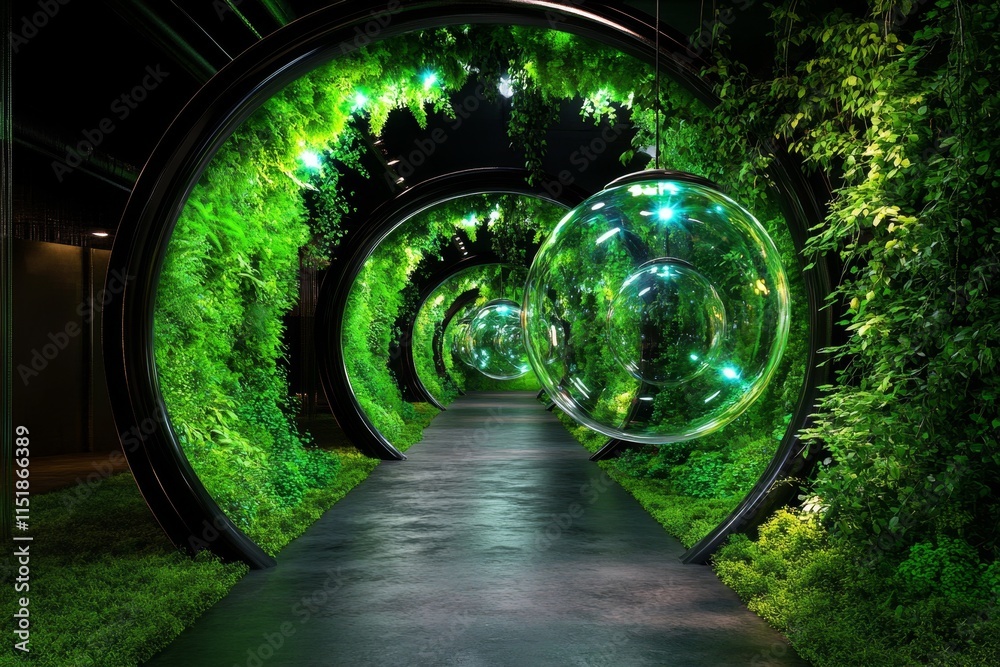 Poster A magical forest filled with glowing green plants and floating orbs of light, creating an enchanting atmosphere of mystery and wonder