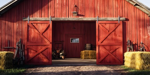 Rustic Red Barn Entrance with Hay Bales and Farm Equipment