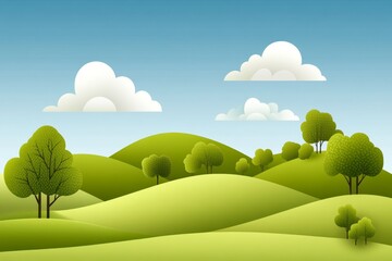A minimalist depiction of rolling green hills under a clear sky, created with soft gradients and clean geometric forms