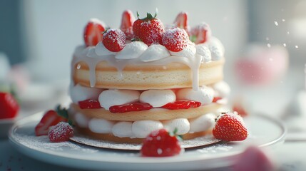Delightful Strawberry Cake with Cream and Fresh Berries on Plate