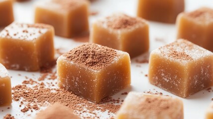 A close-up of creamy caramel candies dusted with cocoa powder, artfully displayed on a white background.