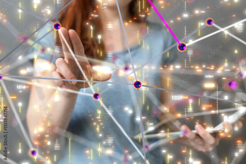 Poster Neural network 3D illustration. Big data and cybersecurity - 3d