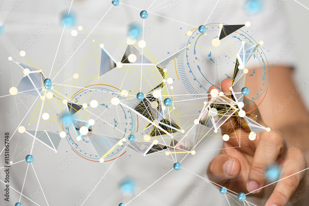 Poster Neural network 3D illustration. Big data and cybersecurity