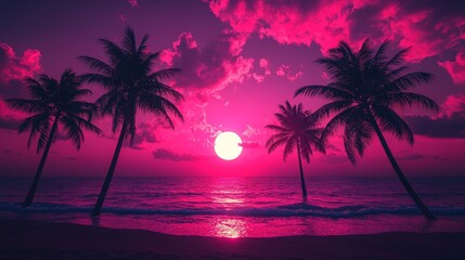 Neon Sunset with Palm Trees Over a Tropical Beach