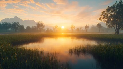 Obraz premium Serene Sunrise Over Foggy Rice Fields and Tranquil Water Reflection