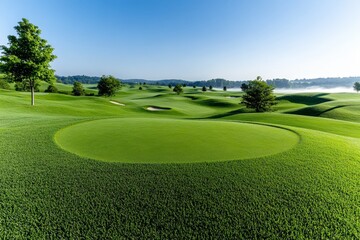 A peaceful golf course in the early morning, with mist rolling across the greens and the sun just beginning to rise