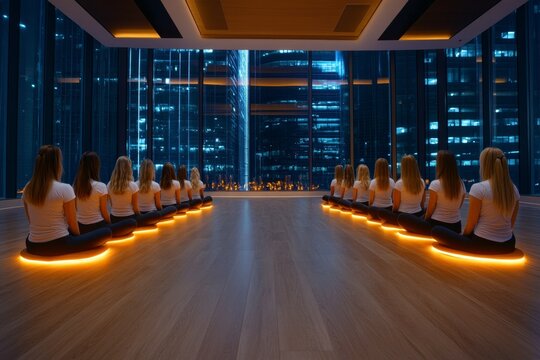 A peaceful meditation session in a gym relaxation area, with participants seated in a circle and soft light illuminating the space