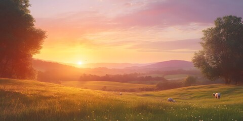 Obraz premium Serene Sunset Over Rolling Hills with Sheep Grazing in Fields