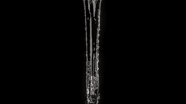 Closeup slow motion water pouting splash isolated on black background. alpha matte. 3D animation.