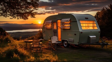 Obraz premium Sunset Camping Idyll: Vintage Caravan by Lake, Serene Evening