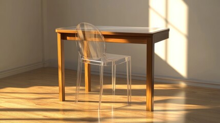 Sunlight Illuminates Minimalist Interior: Wooden Desk and Transparent Chair