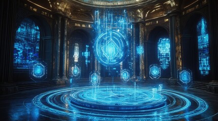 Obraz premium Ancient Chamber With Futuristic Blue Holographic Projections