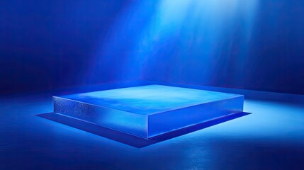 Blue Glass Cube Illuminated In Dark Room