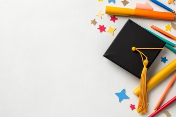 A playful 2D illustration of a colorful graduation cap with a bright tassel, surrounded by hand-drawn stars and confetti on a white background