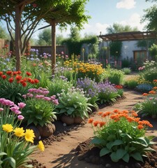 Artichaut biologique et ses fleurs dans un jardin potager au printemps, gardening, plant