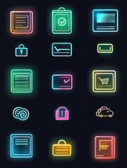 Fototapeta premium Colorful neon icons representing various digital documents, tools, and symbols designed for a modern interface
