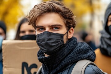 Young Man Wearing a Face Mask at a Protest