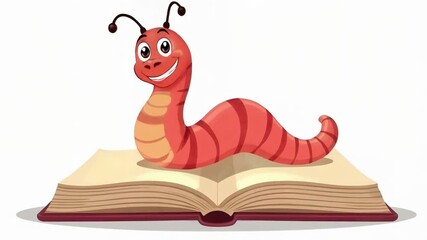 Cute talking cartoon bookworm on a book on a white background