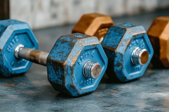 A rack of hex dumbbells with bold weight labels, photographed in a gritty, industrial-style gym
