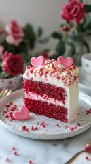 Delicious Red Velvet Cake Slice with Creamy Frosting and Heart-Shaped Decorations Surrounded by Roses