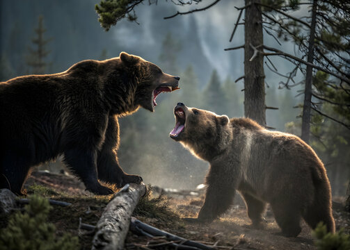 Aggressive grizzly bears fighting in a dramatic wildlife confrontation