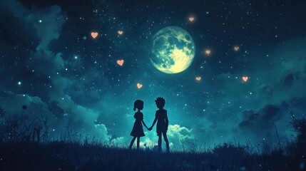 Fototapeta premium photograph of A silhouette of a couple holding hands under a starry sky with animated hearts and glowing moonlight, evoking feelings of love and togetherness.