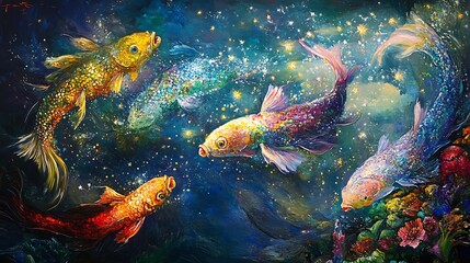 Three Vibrant Koi Fish Swimming in a Sparkling Underwater World