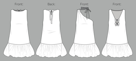 Vector mini bohemian dress fashion CAD, woman flared one shoulder short dress technical drawing, template, sketch, flat, mock up. Jersey or woven fabric mini 3 pcs dress with front view, white color