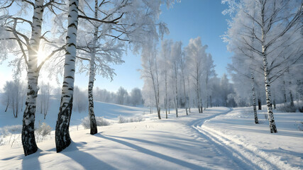 Obraz premium Snow-covered birch forest with sun shining through frosted trees