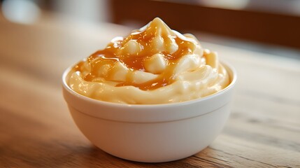 Creamy Dessert Topped with Sweet Caramel Sauce in White Bowl