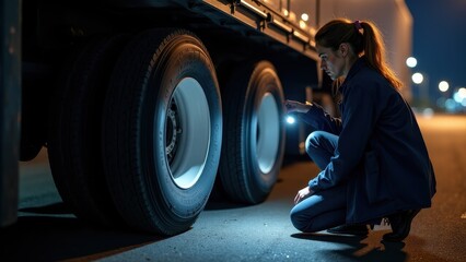 A truck driver inspecting their vehicle's tires and cargo before starting a long-distance journey