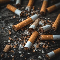 Broken Cigarettes on Wooden Table for Anti-Smoking Message