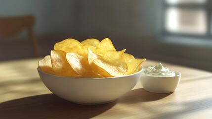 Crispy Potato Chips with Fresh Dip in Bright Natural Light