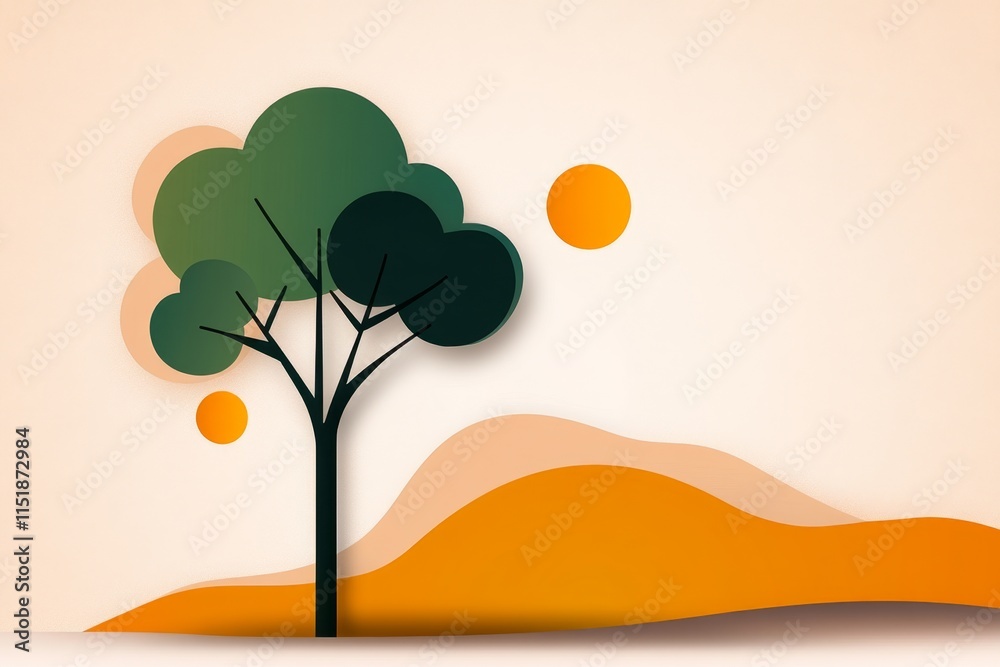 Poster A simple flat vector design of a tree with a green canopy, illustrated with abstract shapes and clean outlines