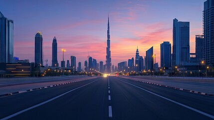 Fototapeta premium A freshly paved urban road at dawn, with skyscrapers on either side and a sky transitioning from dark blue to soft pink