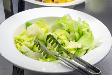 Torn Iceberg Lettuce Leaves in a Large Bowl