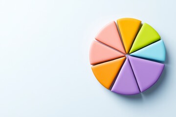 Fototapeta premium A simple pie chart illustration divided into vibrant colors, placed on a smooth, uncluttered white surface