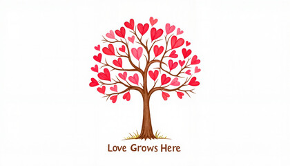 Tree with heart-shaped leaves and "Love Grows Here" text