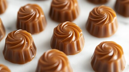 A group of caramel candies with detailed textures, arranged in a circular pattern on a white surface.