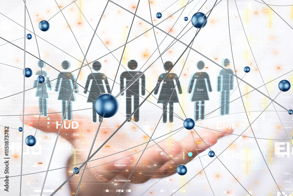 Poster Global network. Blockchain. 3D illustration. Neural networks and artificial intelligence. Abstract