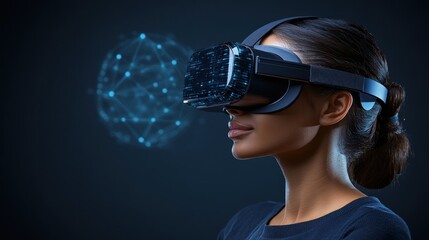 Woman using VR headset, experiencing immersive digital world.