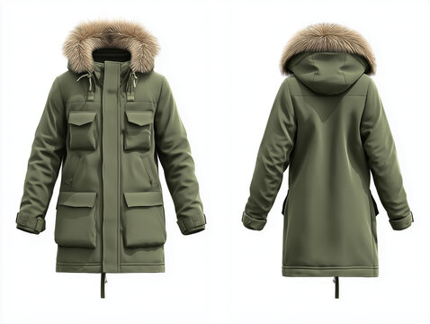 Stilvolle gr&uuml;ne Winterjacke mit Futter und mehreren Taschen in drei Ansichten

