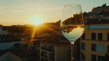 Obraz premium Wine Glass Sunset Cityscape Golden Hour Reflection